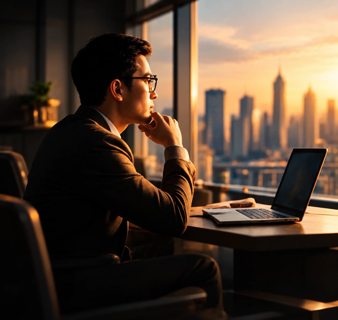 Business leader reflecting beside a laptop at sunset