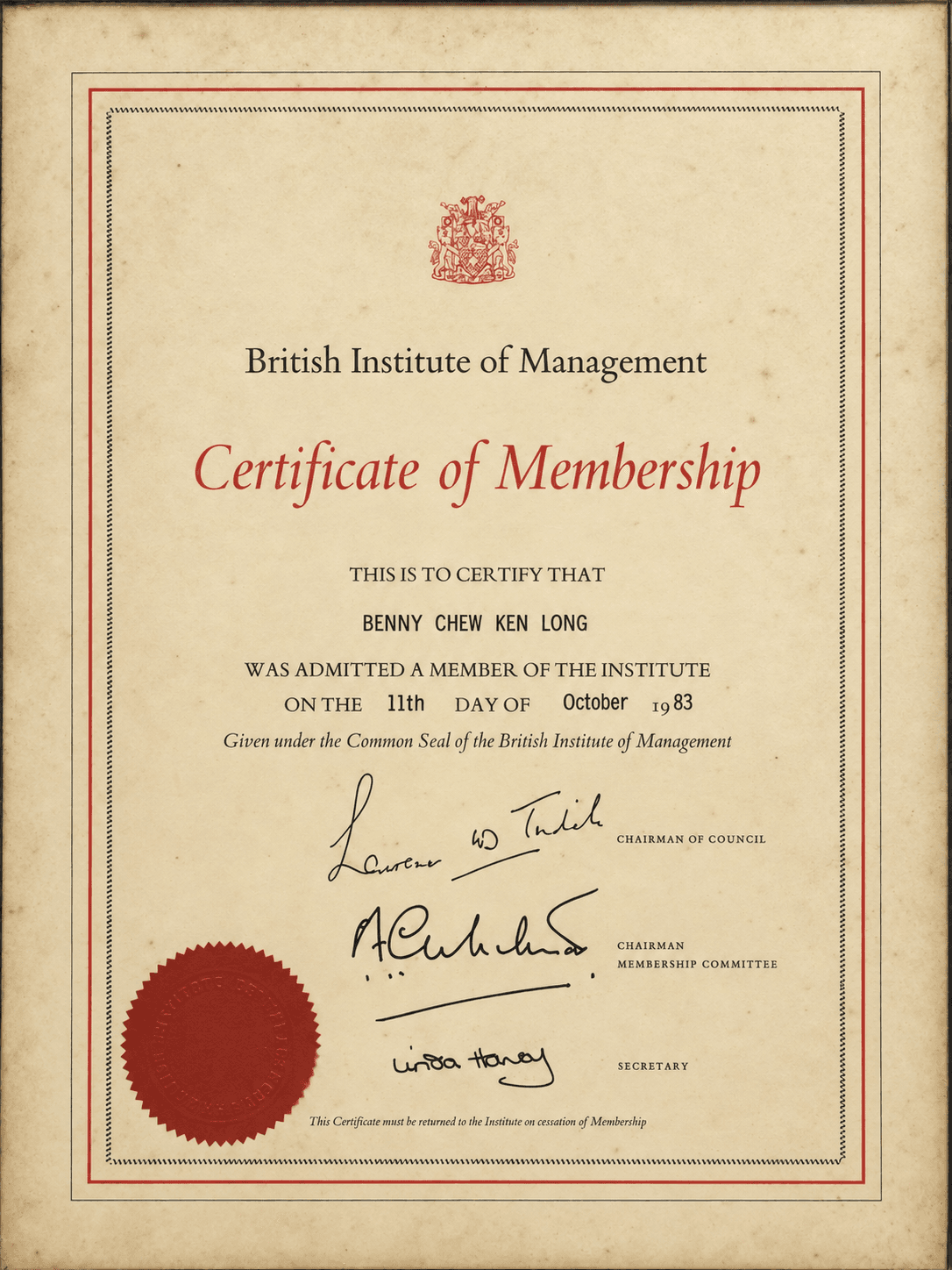 British Institute of Management membership certificate awarded to Benny Chew Ken Long