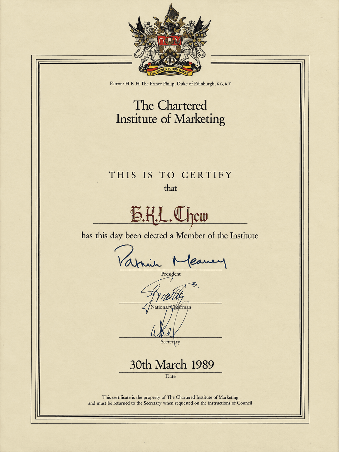 Chartered Institute of Marketing membership certificate for B. K. L. Chew