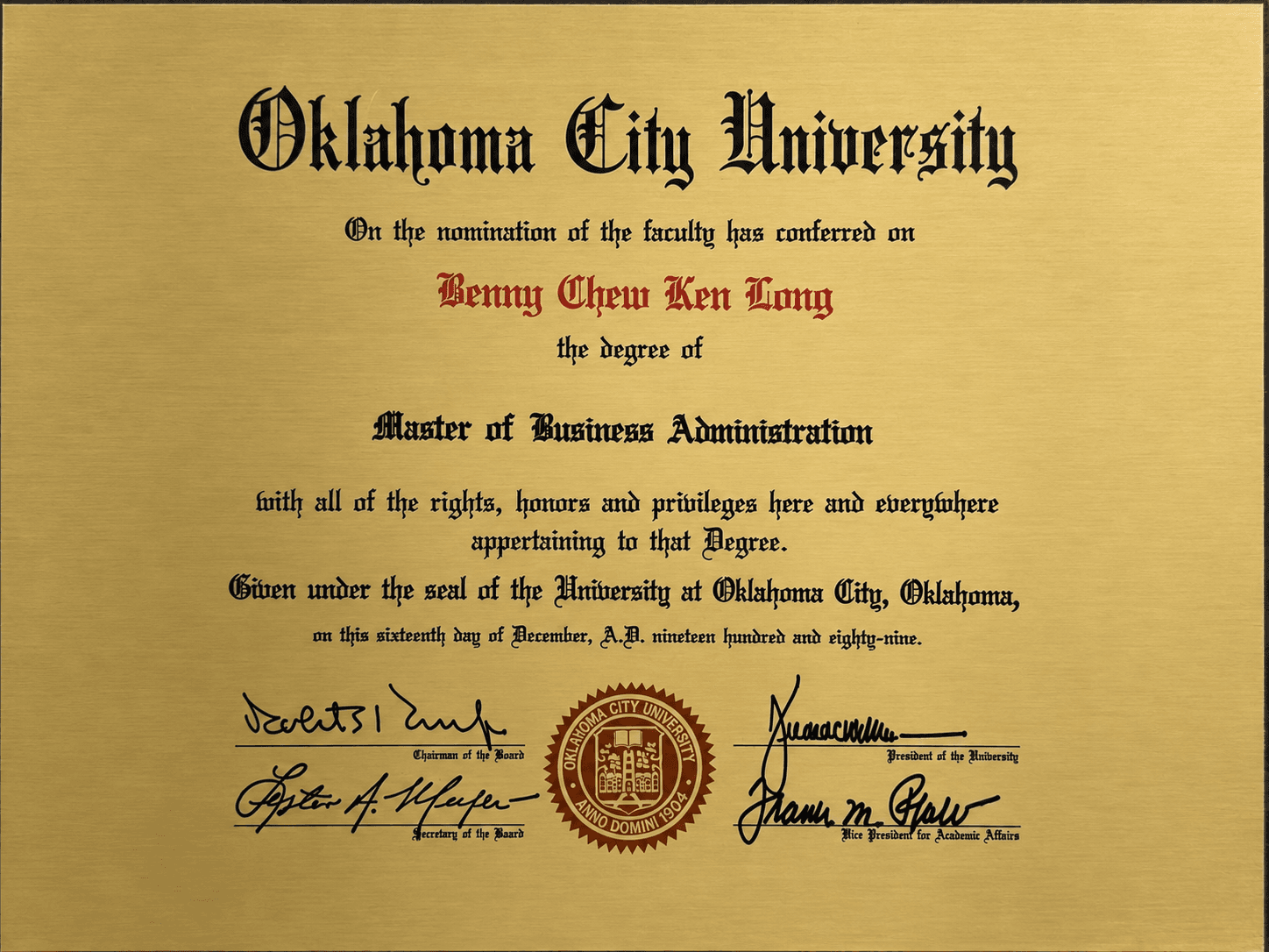 Oklahoma City University Master of Business Administration certificate awarded to Benny Chew Ken Long
