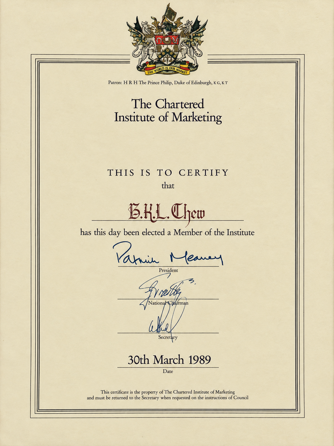 Chartered Institute of Marketing membership certificate for B. K. L. Chew