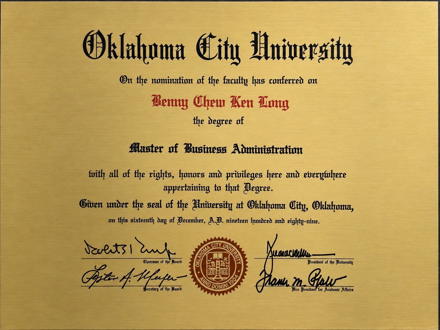 Oklahoma City University Master of Business Administration certificate awarded to Benny Chew Ken Long
